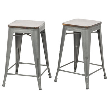 Cormac 24" Square Counter Stool Set of 2, Rustic Pewter and Elm