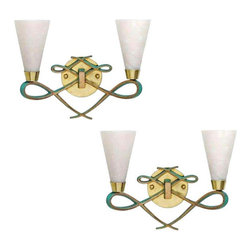 Bronze Sconce with Alabaster Shades in a Jules Leleu Style, Pair - Wall Sconces