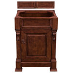 James Martin Vanities - Brookfield 26" Warm Cherry Single Vanity, No Top - The Brookfield 26", single sink, Warm Cherry vanity by James Martin Vanities features hand carved accenting filigrees and raised panel doors. Single door cabinet with a shelf for additional storage space. The look is completed with an Antique Brass finish door pull. Matching decorative wood backsplash is included.