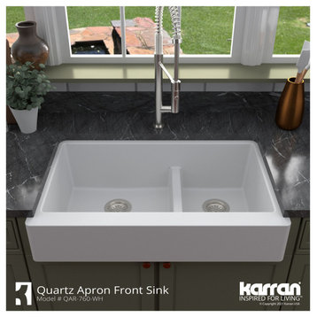 Karran Retrofit Farmhouse Quartz 34" Double Offset Bowl Sink Kit, White