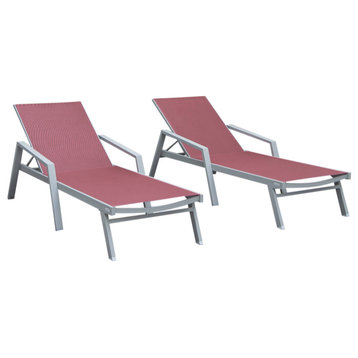 LeisureMod Marlin Patio Chaise Lounge Chair Gray Arms Set of 2, Burgundy