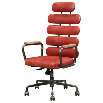 Benzara BM191421 Leatherette Metal Swivel Chair 5 Horizontal Panels Backrest,Red