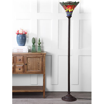 Dragonfly Tiffany-Style Torchiere Floor Lamp, Bronze/Green
