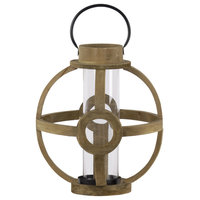 Wood Round Metal Handle Lantern With Hurricane Candle Holder, Large, Brown