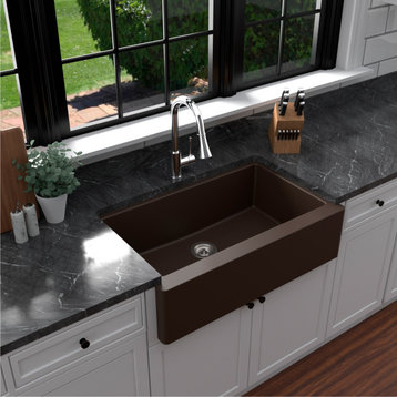 Karran Farmhouse/Apron-Front Quartz 34" Single Bowl Kitchen Sink, Brown