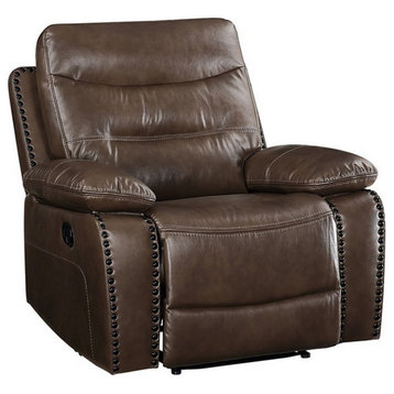 Benzara BM250552 Leatherette Power Recliner With Nailhead Trim Accent, Brown