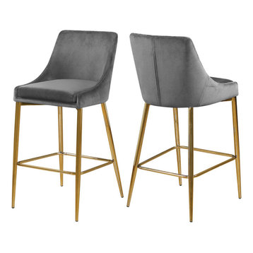 Karina Velvet Stool, Set of 2, Gray, Gold Base