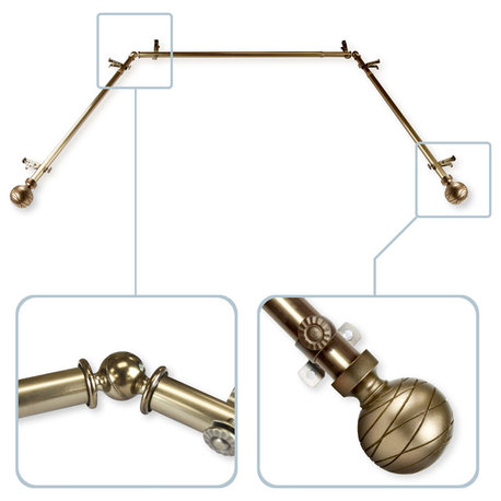 Arman Bay Window Curtain Rod, 20"-36", 38"-72", Antique Brass
