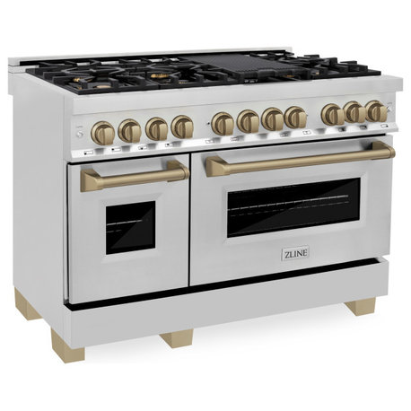 ZLINE 48" Dual Fuel Range, Stainless Steel With Champagne Bronze RAZ-48-CB