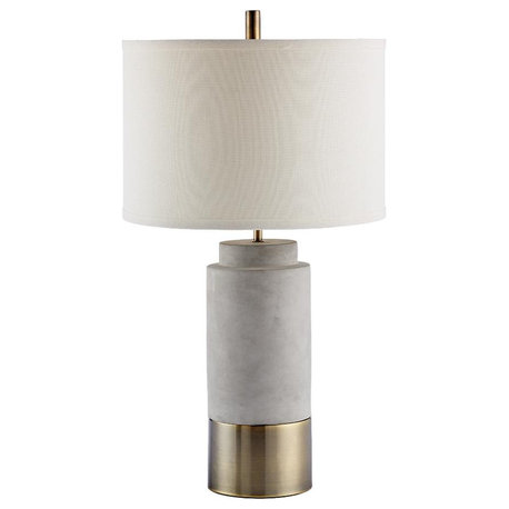 Elegant Gray Concrete Brass Table Lamp Cylinder Round Gold White Cement