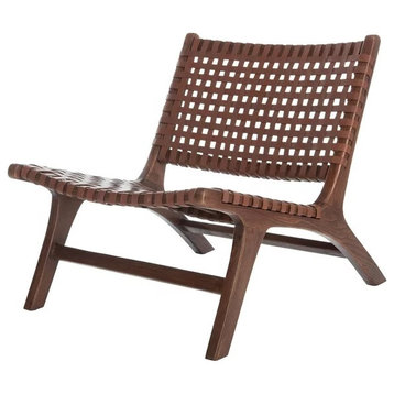 Contemporary Accent Chair, Sungkai Wooden Frame With Woven Leather Seat, Brown