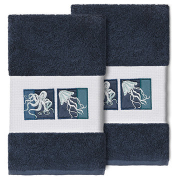 100% Turkish Cotton Ava 2-Piece Embellished Hand Towel Set, Midnight Blue