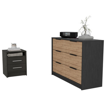 Benson 2-Piece Bedroom Set, Nightstand and Dresser, Black/Light Oak
