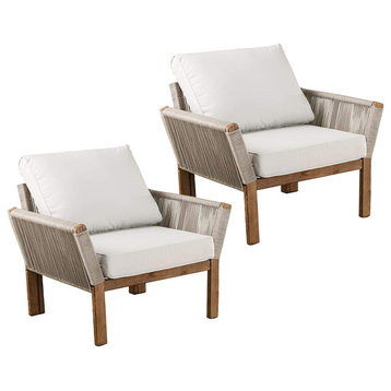 Patio Chair, Acacia Wood Frame With Angled Arms & Cushion, Natural/White, 2 Pack