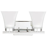 Generation Lighting Collection - Bayfield 2-Light Wall/Bath, Chrome - The Sea Gull Lighting Bayfield two light vanity fixture in chrome is an ENERGY STAR qualified lighting fixture that uses fluorescent bulbs to save you both time and money. The Bayfield bath collection by Sea Gull Lighting delivers simplicity with flair. The transitional design is a subtle combination of clean lines and flared, angular Satin Etched glass shades to bring style and warmth to the bathroom no matter the budget. Offered in Chrome, Burnt Sienna and Brushed Nickel finishes, the bath lighting collection offers one-light, two-light, three-light and four-light vanity fixtures. Both incandescent lamping and ENERGY STAR-qualified LED lamping are available; all fixtures are California Title 24 compliant.