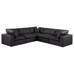 Meridian Furniture - Comfy Upholstered L-Shaped Modular Sectional, Black, 5-Piece: 2 Armless Chair, 3 Corner Chair, Vegan Leather - Give your space a whole new look with this black Comfy vegan leather sectional. This handsome sectional fits nicely with other items in the Comfy collection and is a versatile seating option designed for adaptability, comfort and style. Wrapped in rich black durable vegan leathered upholstery, this sectional offers a plush embrace of overstuffed down feather cushions, carefully crafted to deliver the highest level of comfort. The perfect seat for creating an oasis for relaxation, this sectional has thick foam surrounding its frame for added support and coziness.