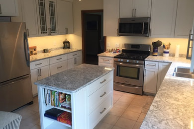Eat-in kitchen - mid-sized transitional l-shaped eat-in kitchen idea in Other with an undermount sink, shaker cabinets, white cabinets, quartz countertops, stainless steel appliances and an island
