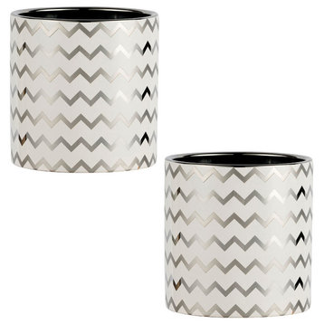 A&B Home White Small Planter With Silver Zig zag D5.5X5.5" Set Of 2