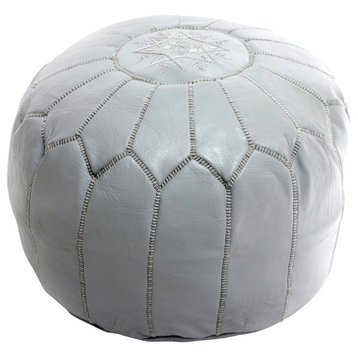 Moroccan Leather Pouf, Gray