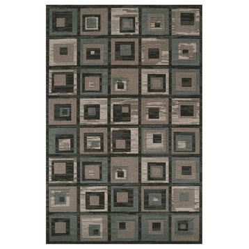 4' X 6' Color Block Beige And Teal Checkered Stain Resistant Area Rug
