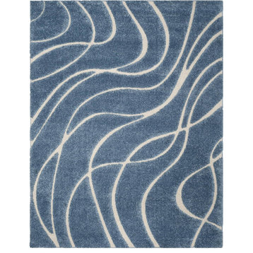 Modern Area Rug, Unique Abstract Wavy Patterned Polypropylene, Light Blue Cream