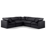 Meridian Furniture - Indulge Upholstered Modular L-Shaped Sectional, Black, 5-Piece: 2 Armless Chair, 3 Corner Chair, Fiber Stuffed Vegan Leather - Experience ultimate comfort and style with our black vegan leather Indulge Sectional. The luxurious vegan leather will elevate the aesthetic of any room. This sofa provides ample space for you to relax while its modular build offers the option of unlimited configurations. Whether you're looking to add a stylish element to your living room or a comfortable seating option to your bedroom, this sofa is the perfect choice.