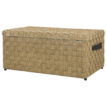 Contemporary Storage Trunk, Geometric Woven Seagrass Body & Side Handle, Natural
