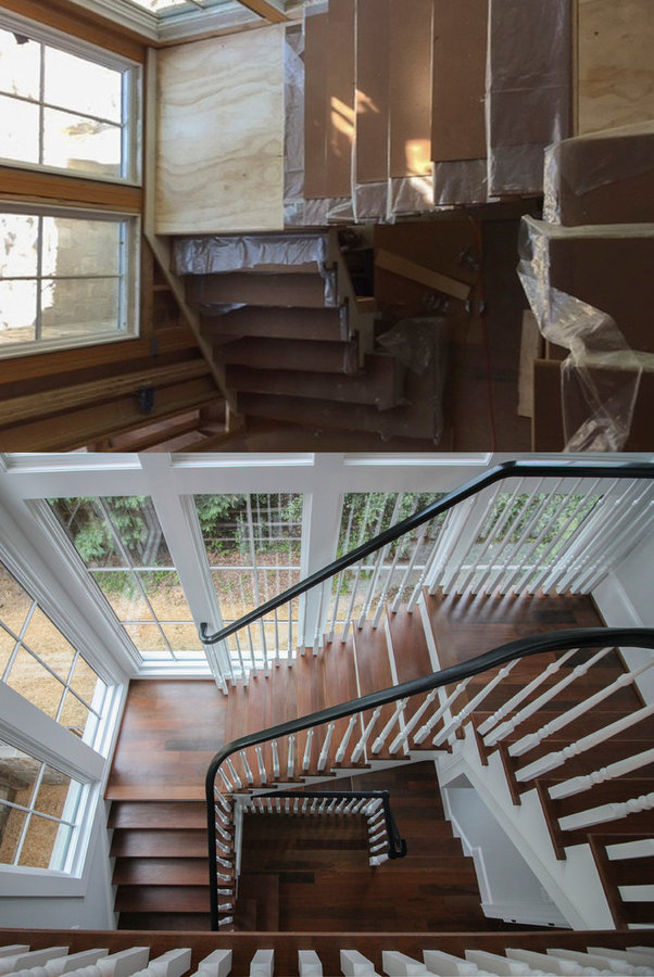 Powerful Impression by Floating Staircase in Suburban Foyer