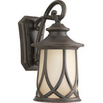 Progress Lighting - Resort 1 Light Outdoor Wall Light, Aged Copper - Tudor styling meets prairie design. Gradual umber tint on glass shades. A woven cast pattern encases a casual profile. Large scale cast aluminum lantern feature a durable powder coat finish. One-light medium wall lantern.