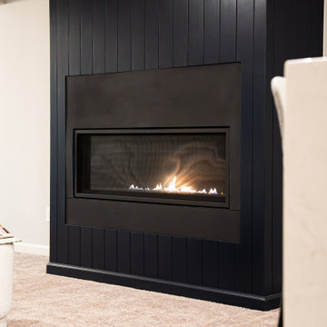 Bold Basement Finish — Linear Gas Fireplace, Wet Bar & Cafe Appliance Suite