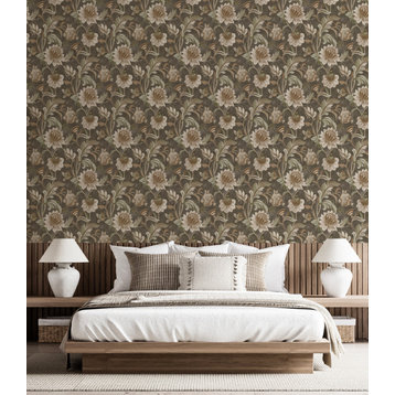 Jacobean Style Floral Non Woven Wallpaper, Charcoal Rust, Double Roll