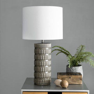 25" Tangela Ridged Ceramic Linen Shade Gray, On-Off Switch Table Lamp