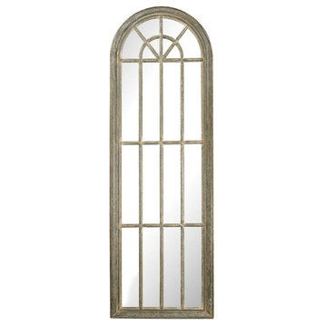 Farmhouse Arched Windowpane Mirror in Grey Whitewash Rustic Frame 23.5 inches W