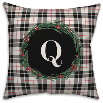 Black Plaid Monogram Wreath Q 18x18 Spun Poly Pillow