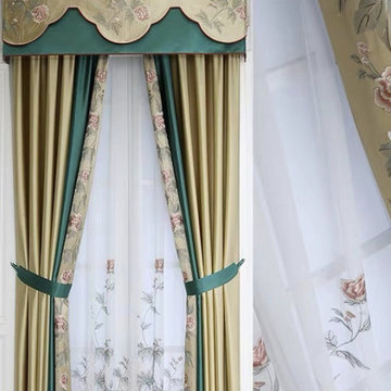 QYHL226H Silver Beach Embroidered Peony Faux Silk Blockout Curtains For Living R