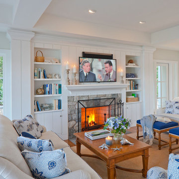 Blue & White Coastal Living Room with Stone Fireplace - "Salt Pond Tee" Custom H