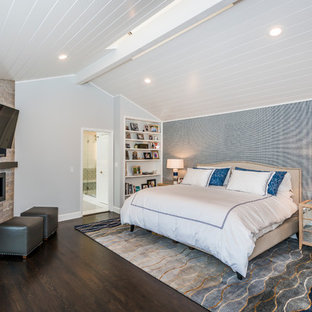 Immagine di una camera matrimoniale chic di medie dimensioni con pareti blu, parquet scuro e camino lineare Ribbon