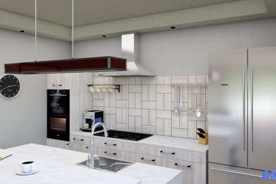 Inspiration for a mid-sized modern single-wall laminate floor, beige floor and coffered ceiling enclosed kitchen remodel in Other with a single-bowl sink, flat-panel cabinets, light wood cabinets, wood countertops, beige backsplash, ceramic backsplash, stainless steel appliances, an island and white countertops