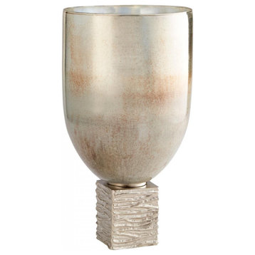 Large Tassilo Vase, Nickel And Ocean Glass, Aluminum and Glass, 19.25"H
