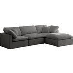 Meridian Furniture - Plush Velvet / Down Standard Comfort L-Shaped Modular Sectional, Gray, 4-Piece: 1 Armless Chair, 2 Corner Chair, 1 Ottoman - No matter how big or little the size of your gang, they can all find their sweet spot when you choose pieces from the Plush collection to build your ideal seating group. Choose this four-piece set or pair multiple pieces together to get the custom look everyone will love. The soft grey velvet material is soft and welcoming to the touch, and the set's cushions are overstuffed with a down and feather blend to provide ample support for tired bodies.