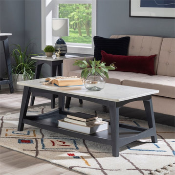 Linon Pace Coffee Table White Marble Top Wood Base/Shelf in Gray Wash Finish