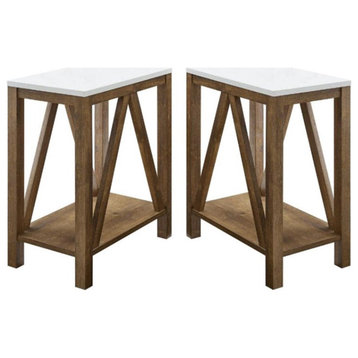 Home Square Narrow End Table in Faux White Marble & Natural Walnut - Set of 2
