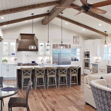Open Plan Great room space on Lake Lanier includes a large island, 48" range, bu