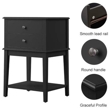 Black Nightstand with 2 Drawers for Bedrooms