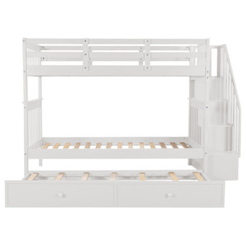 Gewnee Wood Twin-Over-Twin Bunk Bed with Trundle and Stairway in White