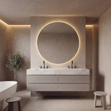 Soft Neutral Bathroom with Fluted Floating Vanity and Round LED Mirror - Timber