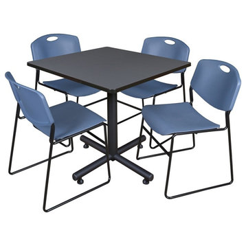 Kobe 42" Square Breakroom Table, Gray and 4 Zeng Stack Chairs, Blue