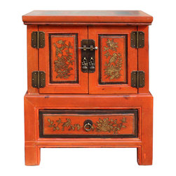 Chinese Oriental Distressed Orange Flower End Table Nightstand cs3458 - Side Tables And End Tables