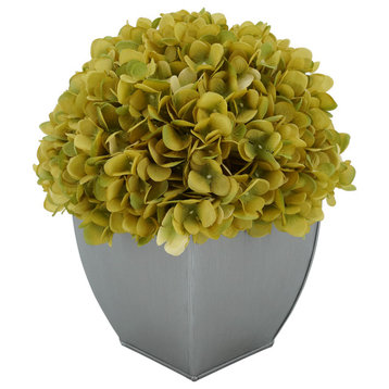 Artificial Hydrangea in Silver Tapered Zinc Cube, Sage