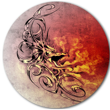 Medieval Dragon Tattoo Sketch, Digital Art Disc Metal Wall Art, 36"